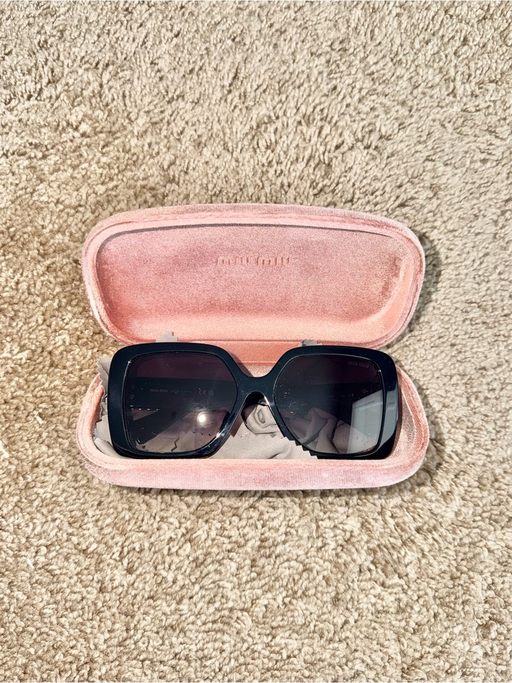 Miu Miu Black Oversized Square Sunglasses with Pink Velvet Case